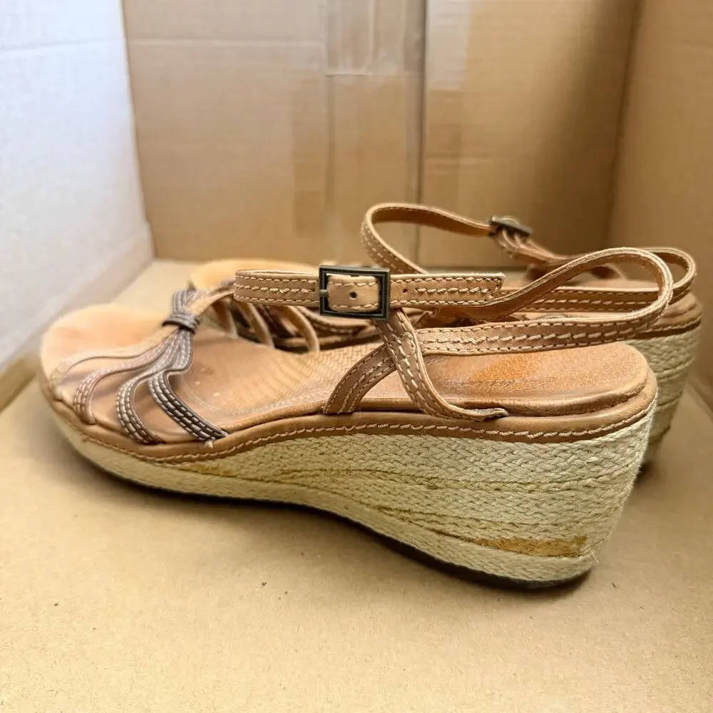 Clarks Artisan Womens 8.5 Wedge Espadrille Sandals Leather Ankle Strap Comfort